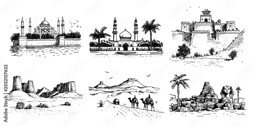 Fototapeta premium Middle Eastern landmarks and desert landscapes featuring mosques pyramids and camel caravan in black and white sketch style