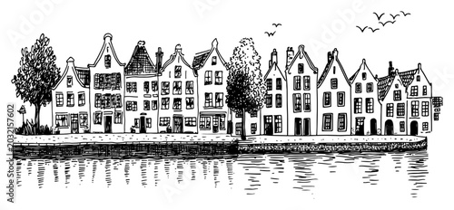 Obraz na płótnie European city canal houses with gable architecture and trees reflected in water