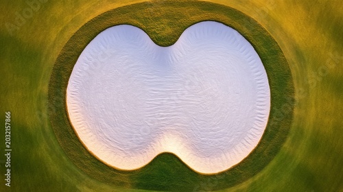 Aerial perspective of a pristine, contoured golf bunker with raked white sand, vibrant green grass and a warm golden glow. Abstract minimalist golf course design. Golf, Aerial