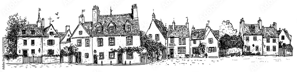Fototapeta premium Traditional European houses and village street in hand drawn engraving style
