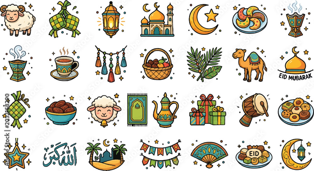Obraz premium Ramadan Kareem stickers in colorful flat illustration for Islamic holiday decoration