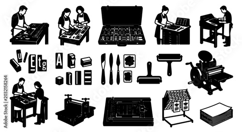 Foto Vintage Printing Press Icons, Letterpress Equipment Set, Typography Tools Collec