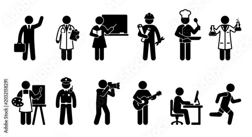 Fotografía Diverse Professions Icon Set, Business People Pictograms, Career Silhouettes, 10