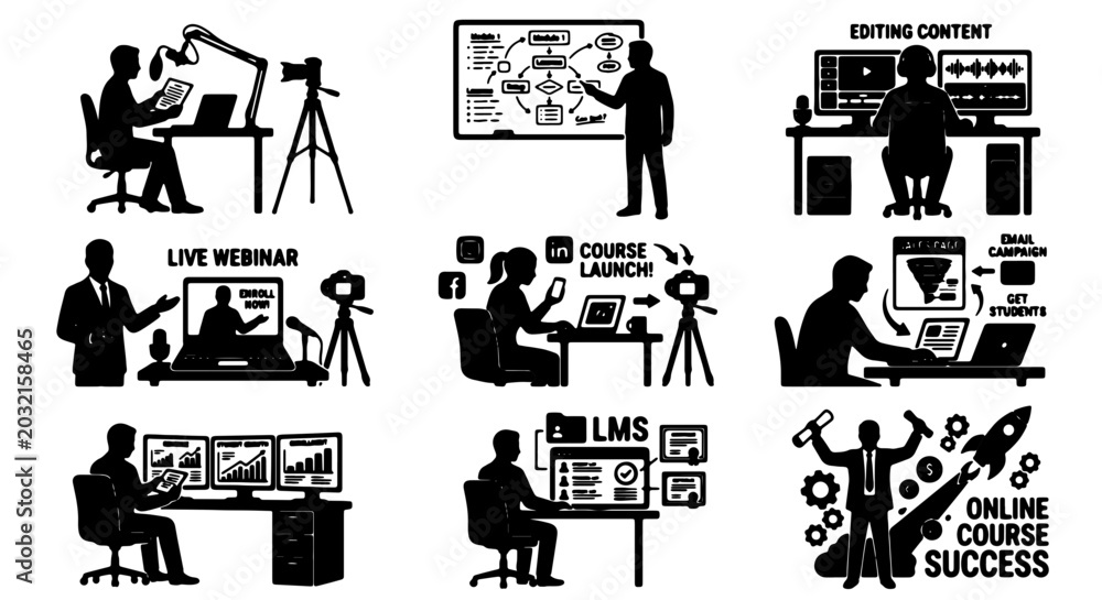 Fototapeta premium Online Course Creation & Education Icons Set, Digital Learning & Webinar Graphics, Business Training & Success Vector Elements