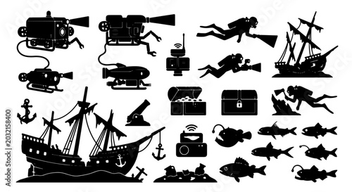 Fotografie Underwater Exploration Icons: Scuba Divers, Submarines, Shipwrecks, Treasure Che