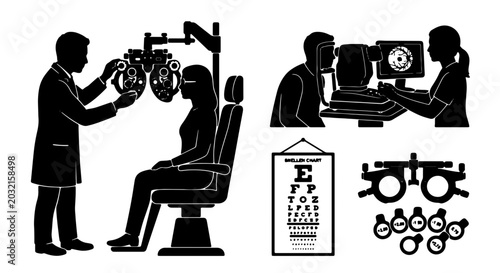 Canvastavla Optometry Eye Exam Icons, Ophthalmology Vision Test Set, Medical Eye Care Vector