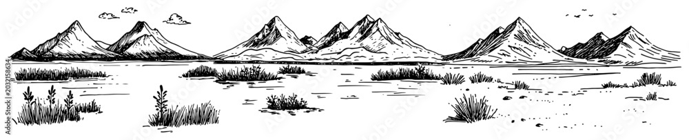 Fototapeta premium Mountain range landscape with grassy plains and low shrubs panoramic vector sketch in engraving style