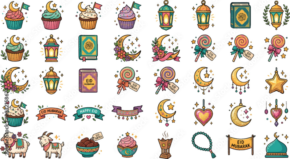 Fototapeta premium Colorful Ramadan Kareem stickers in flat design style with bright vibrant lighting for social media