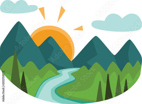 Sunrise Mountain River Nature Flat Vector Illustration