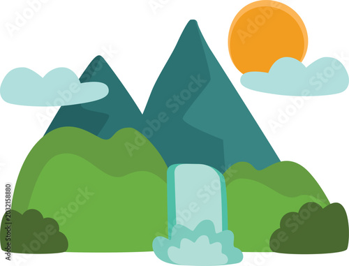 Mountain Waterfall Nature Flat Vector Illustration