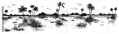Fotografie Tropical river landscape panorama with palm trees and savanna vegetation in sket