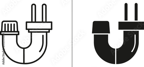 Foto Plumbing P trap icon with plug symbol in outline and solid fill on white backgro