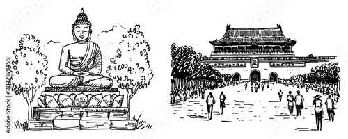 Foto Buddha statue on lotus pedestal and Tiananmen Gate square in hand drawn engravin