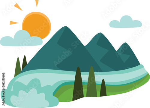Sunny Mountain River Flat Vector Illustration