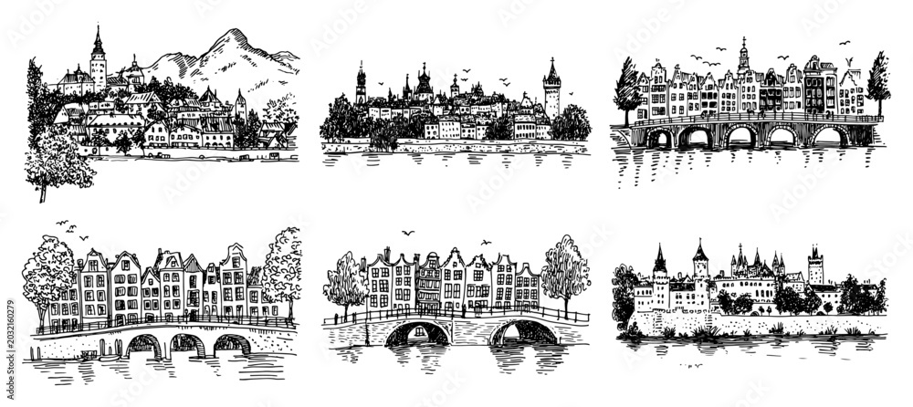 Obraz premium European old town landscapes with historical bridges and castles in vintage sketch style