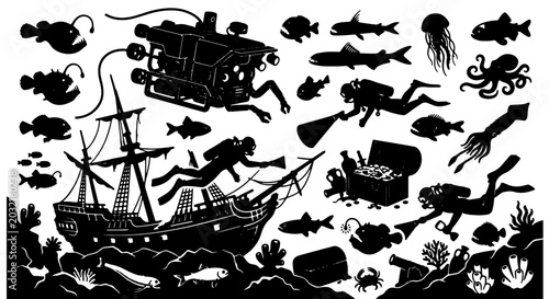 Quadro su tela Underwater Exploration Vector Set: Divers, Submarine, Shipwreck, Marine Life Sil