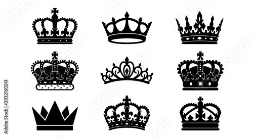 Fotografi Royal Crown Vector Icons Set, Regal Headwear Silhouettes, Majestic Symbol Collec