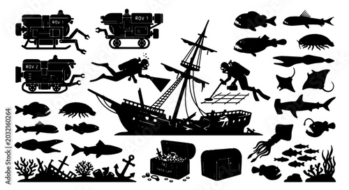 Underwater Exploration Vector Icons: Scuba Divers, Submersibles, Shipwreck, Marine Life, Treasure Chest, Anchor, Coral Reefs, Sea Creatures, Nautical Elements
