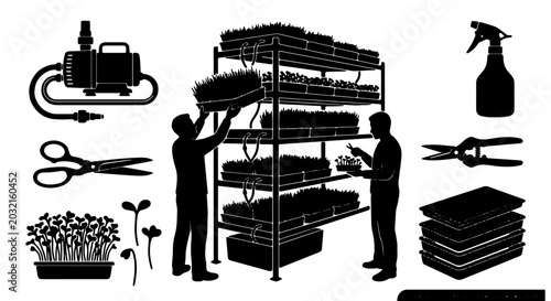 Bild auf Leinwand Microgreens Farming Equipment Set, Hydroponic Growing Shelving, Seedling Trays,