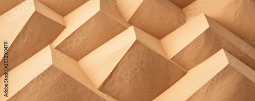 Dynamic abstract 3D geometric pattern featuring textured light and dark brown folds, evoking desert dunes. A modern minimalist composition with sharp angles., Abstract, Geometry