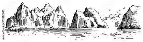 Cuadro en lienzo Jagged icebergs and steep cliffs rising from ocean surface in hand drawn sketch