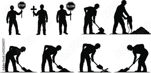 Schilderij op canvas Construction Worker Silhouette Icon Set Featuring Road Signs, Digging Tools, Jac
