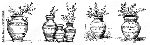 Obraz na płótnie Clay vases and ceramic amphorae with decorative plant branches set of hand drawn