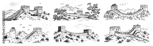 Valokuva Great Wall of China landscape scenes collection of hand drawn vintage ink sketch