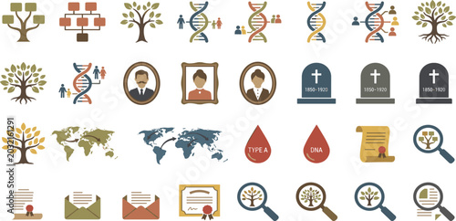 Tableau sur toile Genealogy and Family Heritage Icon Set Featuring DNA Helix, Family Tree, Ancestr