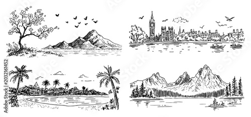Canvas Print Travel landscapes collection including London skyline mountains and tropical isl