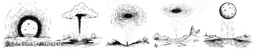 Photos Surreal cosmic phenomena with black holes and celestial portals in hand drawn en