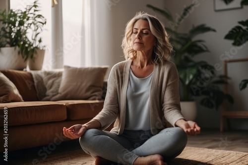 Middle aged woman meditating at home with eyes closed, relaxing body and mind in a living room