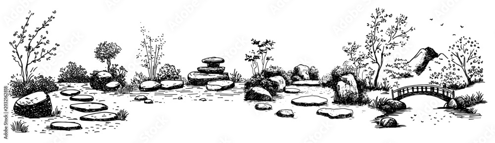 Obraz premium Zen garden landscape with stepping stones and small arched bridge in hand drawn sketch style