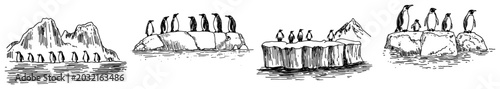 Foto Penguins standing on icebergs and floating ice floes in antarctic engraving styl