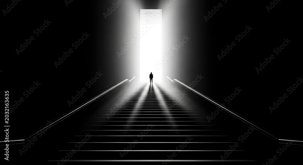 Obraz premium A man in a suit walks up a staircase towards a bright light