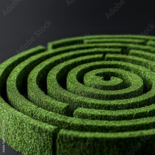 Macro view Vibrant green, textured spiral maze against a dark backdrop. A conceptual image depicting life's complex path, challenges and journey to find solutions. Labyrinth, Strategy