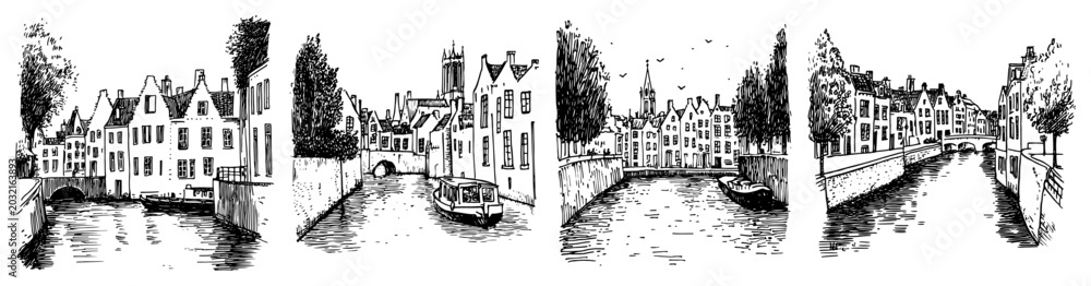 Fototapeta premium European canal city with historic buildings and bridges architectural sketch