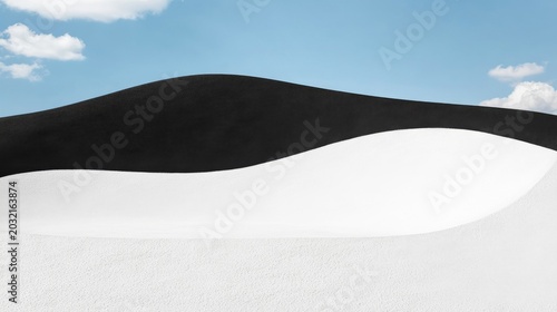 Minimalist Duet Graceful black and white S-curves meet textured forms under a serene blue sky. A study in contrast, balance and abstract landscape architecture. Abstract, Minimalism