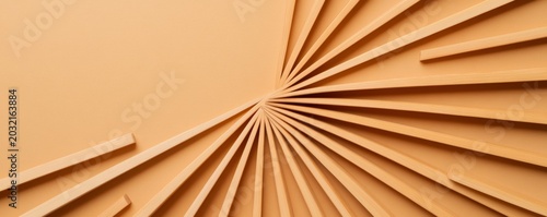 Minimalist geometric abstract Light wooden strips form a radial fan pattern on a clean beige background, showcasing elegant rhythm and expansion. modern design, texture