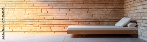 Minimalist interior Floating white chaise lounge by warm-lit textured brick wall and cool corner. Serene modern comfort, Interior Design, Relaxation
