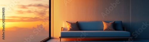 Minimalist modern interior with blue sofa, orange cushions and a panoramic window capturing a vivid golden sunset. Slat wall bathed in warm-cool light contrast for serene ambiance.