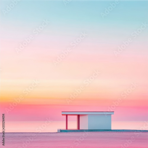 Minimalist modern shelter, low horizon. Gradient sky (blue to vibrant pink) over calm sea and pink sand at dawndusk, Solitude, Serenity