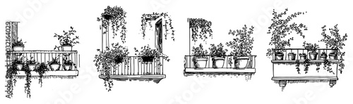 Fotografie Balconies with railing planter boxes and hanging potted plants set of hand drawn