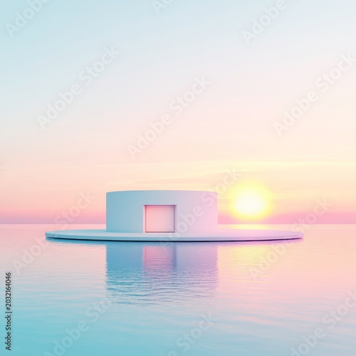 Minimalist white cylindrical structure on calm pastel water at sunset, reflecting a serene dreamscape through its mysterious door, Tranquility, Portal