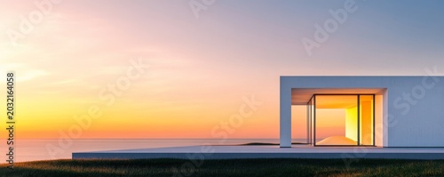 Minimalist white house on a cliff, facing the ocean under a vibrant sunset sky; a glowing interior frames an abstract sand installation. Modern tranquility. architecture, serenity