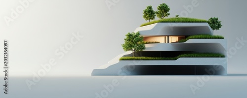 Modern Asymmetrical Tiered Green Building with Trees, Warm Glow Window on White. Biophilic Sustainable Architecture Concept, minimalist, urban