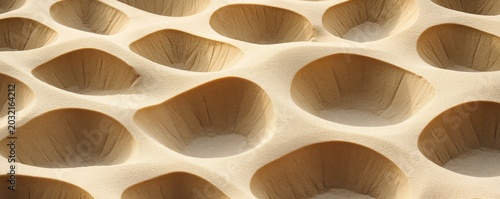 Organic Sand Grid A detailed close-up of light beige sand revealing a mesmerizing, repeating pattern of concave oval forms, sculpted by light and shadow.,Tactile ,Abstract