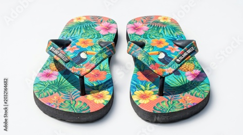 Beach flip flops with tropical pattern, sunny vacation style, isolated on transparent background, ultra quality, detailed fabric and rubber texture, realistic lighting