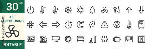 Air conditioning climate control icon set 30 editable line icons Vector illustration.