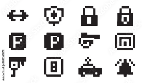 Minimal pixel icons for security surveillance emergency alerts and protected access systems.